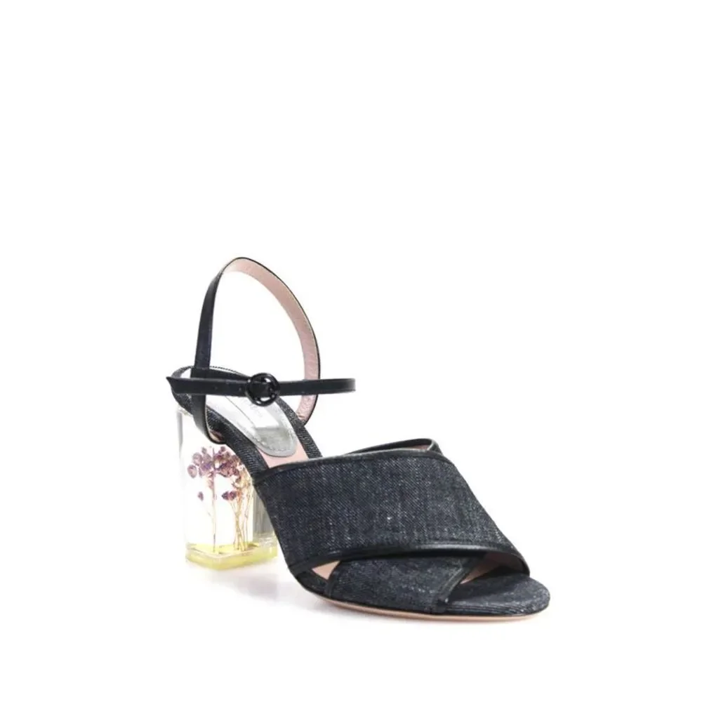 Max Mara Womens Clear Resin Flower Block Heel Denim Sandals Blue Size 36